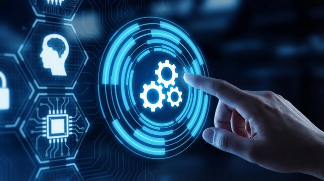 Hand interacting with futuristic interface gears and circuit board icons technology concept with blue glowing elements