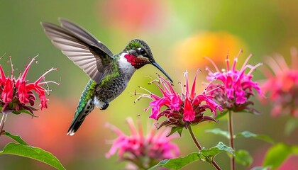 Fototapeta premium A hummingbird feeds on a vibrant pink flower