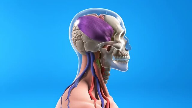 Detailed 3D illustration of human head anatomy featuring the skull brain and neck with visible blood vessels on a blue background