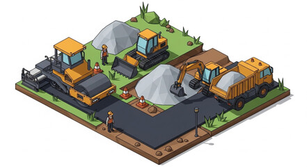 Isometric Construction Site with Machinery. © Mus