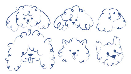 Hand drawn dog faces set in minimal crayon line style. Collection of whimsical puppy head sketches. Suitable for stickers, branding, pet design and children projects.