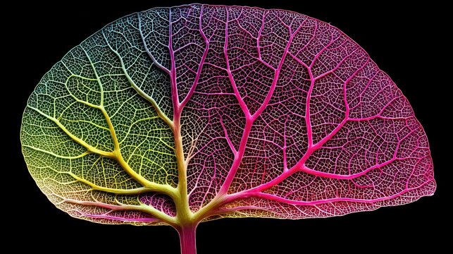 Translucent Leaf Vein Structure with Variegated Coloration on Black Background Macro Close Up Bright Lighting Biology Botany Conceptual