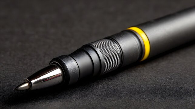 Detailed close up of a modern black technical pen with a yellow accent band and metallic tip on a dark textured surface