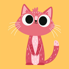 A cute pink cat with big eyes is sitting. A flat vector illustration in a simple children's style. . Vector illustration