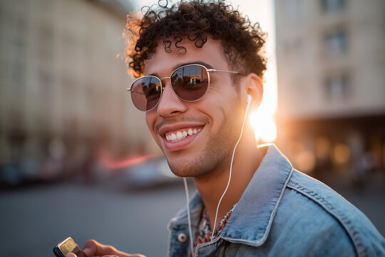 A stylish young man smiles warmly at sunset while listening to music through wired earphones outdoors.