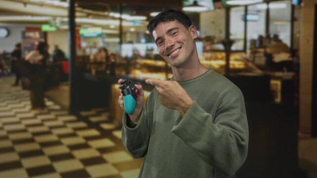 Man in green sweater holding turquoise game controller with finger pointing to controller in building; enthusiasm.