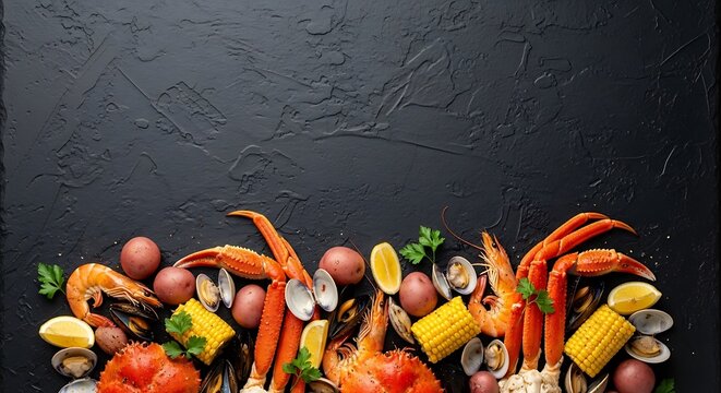 seafood platter with crab, shrimp, mussels, clams, corn and eggs