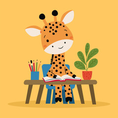 Cute flat vector illustration. A cute giraffe is sitting at a desk studying, with a book and pencils on the table. Vector illustration