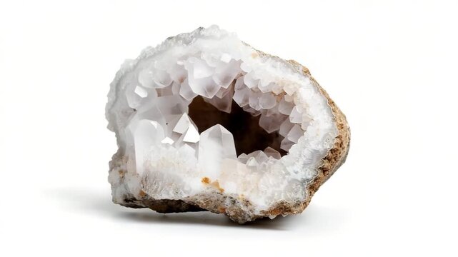 A geode half is opened to reveal shiny crystals inside. The crystals have different shapes and sizes. This geode shows the beauty of natural mineral formations found in the earth