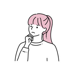 シンプル線画　顎に手をあてているポニーテールの女性　困り顔