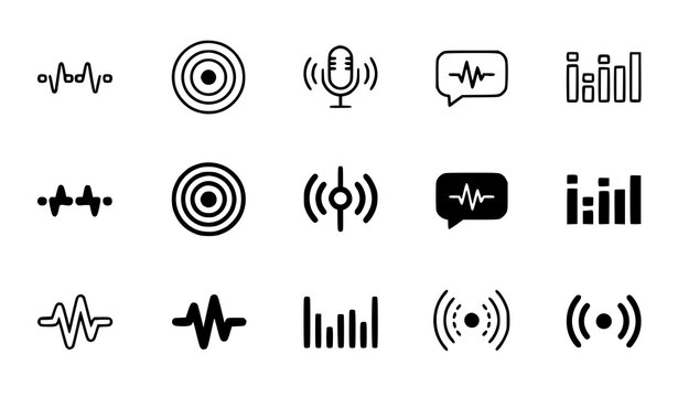 A set of minimalist audio waveform and sound icons in black and white