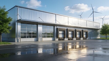 Obraz premium Industrial building with loading docks and wind turbines