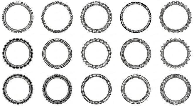 Collection of various decorative black and white circular frames and borders arranged in a grid pattern on white background