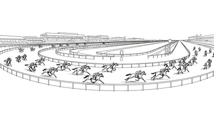 Black and white illustration of jockeys riding horses in a curved racetrack with a fence and grandstand in the background. © Budiana
