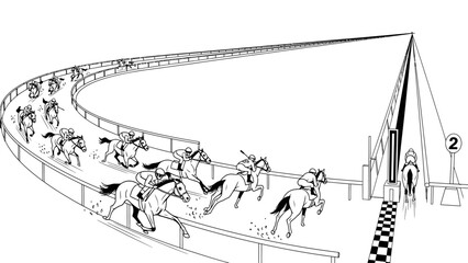 A black and white illustration of jockeys riding horses around a curved racetrack with a checkered finish line and a numbered post. © Budiana
