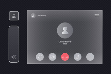Minimalistic transparent video call interface on dark background with user and caller names template with various controls for sound video and call functions, network communication vector.