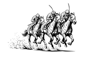 A black and white illustration of three jockeys riding horses while holding whips, with motion blur on a plain white background. © Budiana
