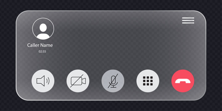 Glassmorphism style interface for a phone or video call, displaying caller name, call duration, and various control buttons like speaker, video, microphone, keypad, and hang-up.