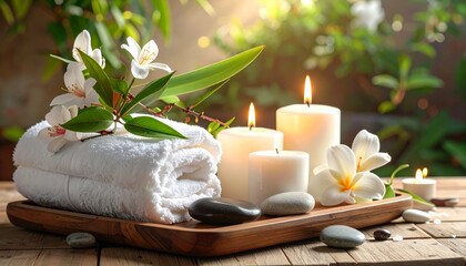 An image of a spa with twinkling candles and towels