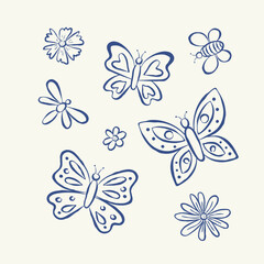 Obraz premium Hand drawn doodle set with butterflies, flowers and insects in ink sketch style. Ideal for kids print, coloring page, scrapbooking, card, sticker and spring decorative design. Flat vector illustration