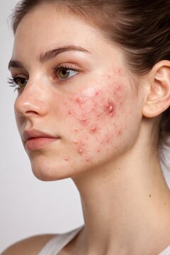 Young woman with acne on her face showing skin problems