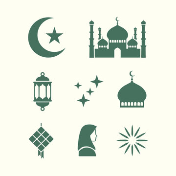 Muslim Culture and Holiday Symbols Flat Design Vector Set for Ramadan and Eid Celebrations.eps