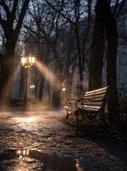 Naklejka premium Empty Park Bench on Tree-Lined Path at Night with Warm Street Lamp Glow Autumn Scene