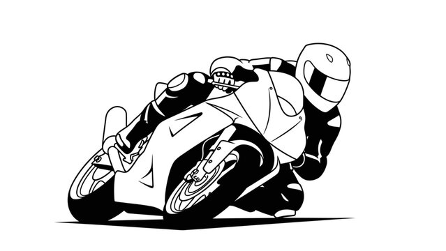 A motorcyclist in a racing suit and helmet leaning into a turn on a motorcycle with a monochromatic illustration style on a white background.
