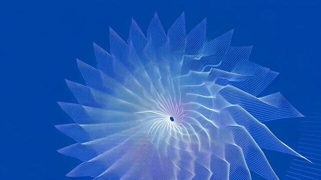Abstract Geometric Flower of Fine White Lines on Blue Background with Rotating Motion