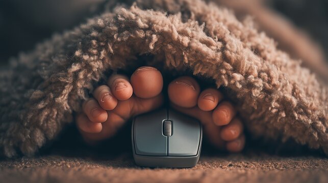 Bare Feet Under Cozy Blanket Using Computer Mouse at Home, Comfortable Remote Work and Relaxed Lifestyle Concept with Warm Indoor Lighting