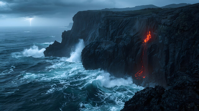 Molten Lava Pouring into the Sea from Coastal Cliffs during a Thunderstorm
