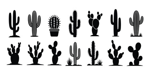 Set of black silhouette icons of different cactus plants on a white background Keywords: cactus, silhouette, icon, black, white © Rasel