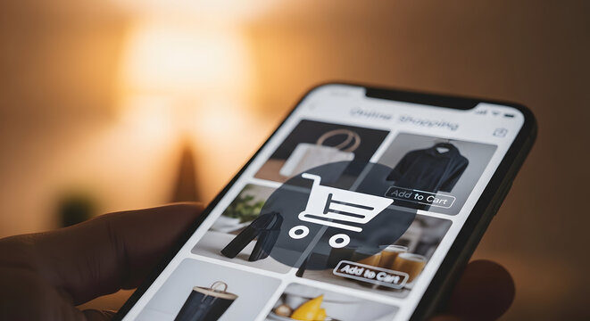 Hand holding smartphone with shopping app on screen