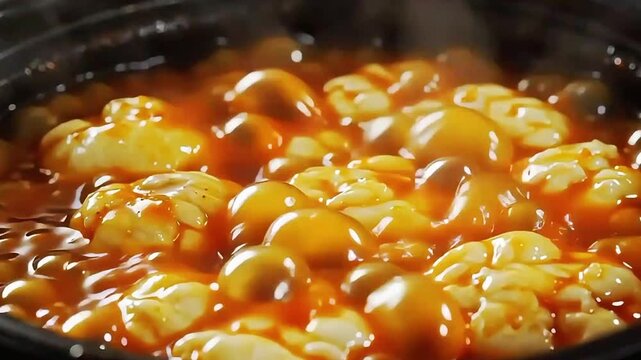 Cinematic close-up of glossy tteokbokki simmering in bubbling spicy gochujang sauce, vibrant red tones, rising steam, rich texture, dramatic lighting, authentic Korean street food mood.