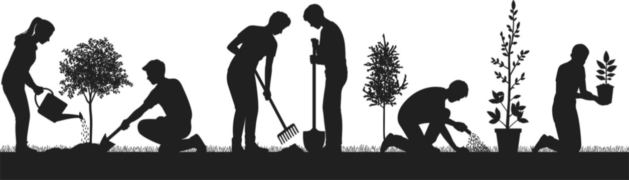 Silhouettes of people planting trees and watering plants in a garden vector illustration