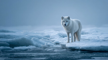 Fototapeta premium White arctic fox standing on fragmented sea ice, minimalist polar landscape