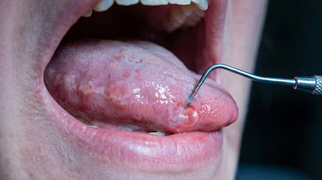 Close-up of dentist examining tongue with dental probe, oral health check and mouth lesion screening.