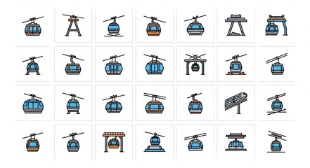 Collection of various cable car illustrations in different styles and designs. © Arga