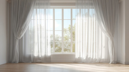 Fototapeta premium Sunlit window with translucent white curtains in a minimalist interior, bright empty room with natural light and soft draperies