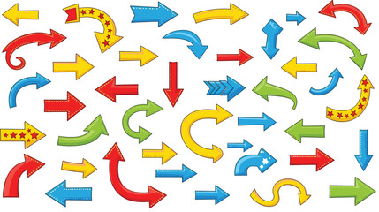 Colorful hand drawn arrow vector set collection with various shapes curved straight pointing directional icons isolated on white background for design graphic elements