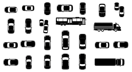 Overhead view of various vehicles, including cars, buses, and trucks, in a black and white silhouette.