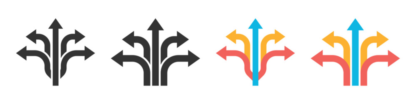Multi direction arrow. Colorful arrows pointing in different directions. Transparent PNG and vector