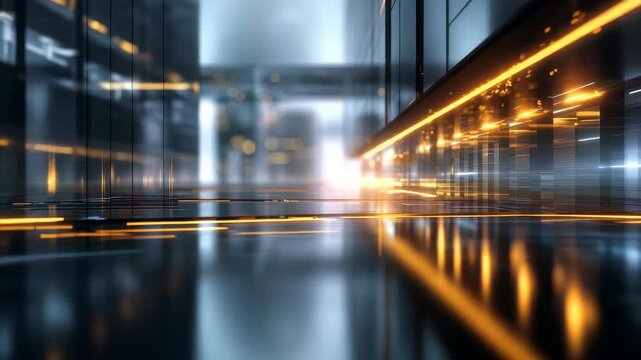 A digital rendering of a futuristic hallway features illuminated orange lines and glossy floors, evoking advanced technology. The scene captures the essence of innovation and modern urban design