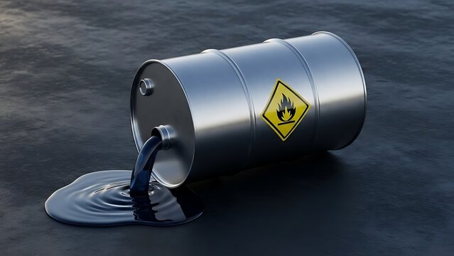 Metal barrel with yellow hazard symbol leaking black liquid on dark surface