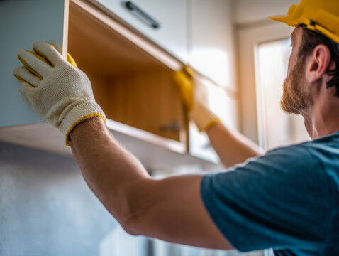 Worker in protective gloves and helmet installing kitchen cupboard cabinet with natural sunlight coming through the window during home renovation project
