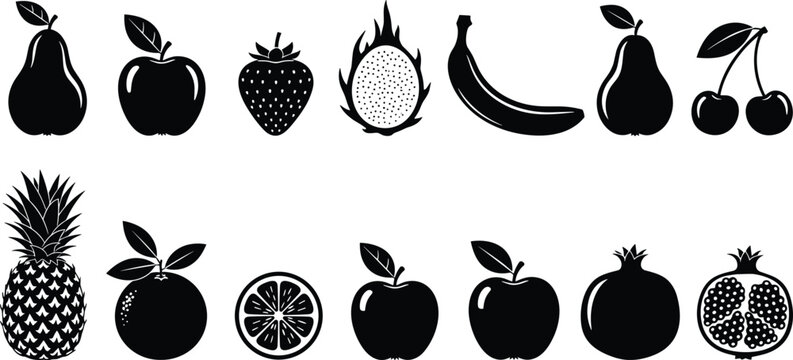Minimalist black fruit silhouette icon set featuring pineapple dragon fruit apple pear banana and pomegranate for modern graphic design vector.
