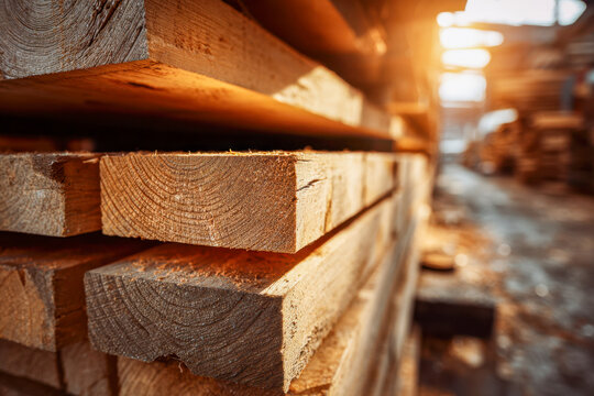 Stacked fresh cut lumber ready for construction in a sunlit woodworking warehouse showcasing natural wood textures and grain details