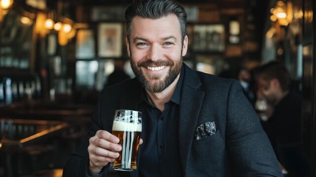 A man enjoys a drink and smiles while seated in a bar filled with people and warm lighting during the evening hours