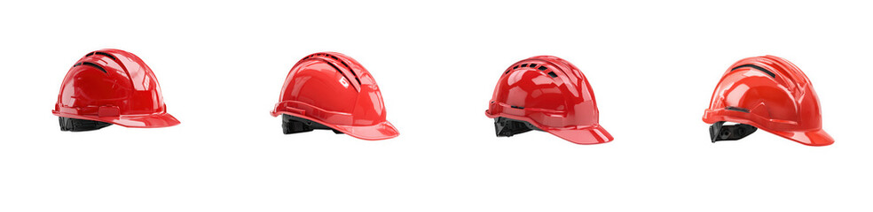 Red Hard Hat Safety Helmets Collection for Construction Workers and Industrial Jobs isolated on transparent background
