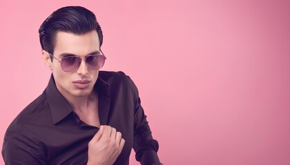 Obraz premium portrait of a handsome stylish man wearing sunglasses and a black shirt against a pink background with copy space. fashion model posing in studio